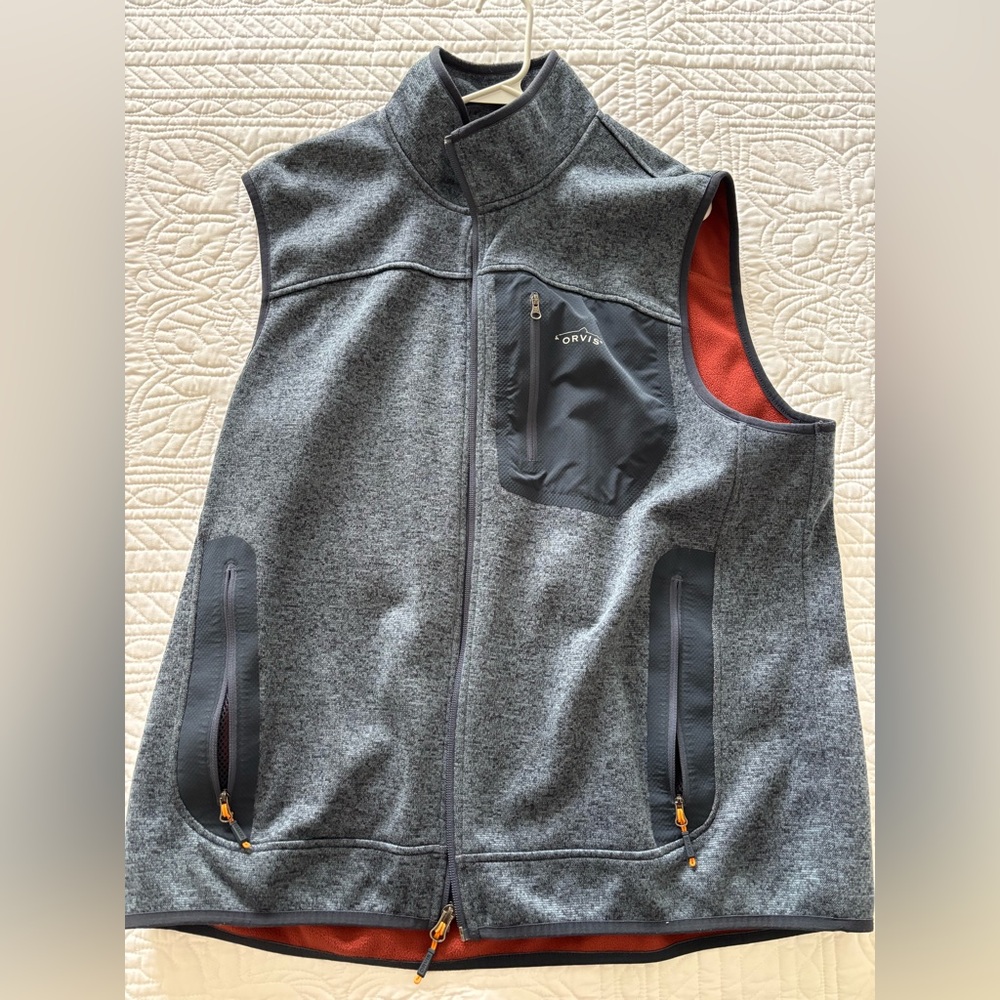 Orvis fleece tech vest in heathered blue. Size XL